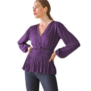 NWT* WHBM Petite Long-Sleeve Fitted Tie Waist Blouse in Cosmic Violet‎